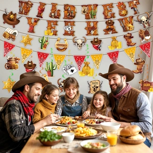 Family dinner setup with Wild West Yee Haw banners and cowboy theme party decorations