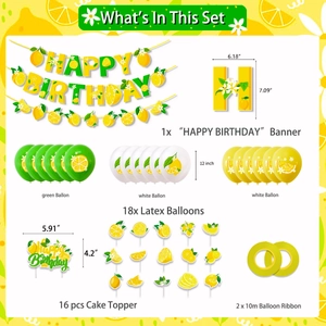 Dettaglio set decorazioni compleanno limone con striscione, palloncini e topper per torta