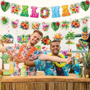 Tropical Hawaii Aloha party decoration kit with flamingo banners and spiral ornaments