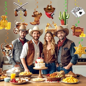 Western cowboy themed birthday party hanging swirls with cactus and sheriff star ornaments