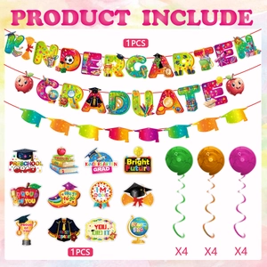 Detailed kit contents of Kindergarten Graduate party decorations with colorful banner and swirls