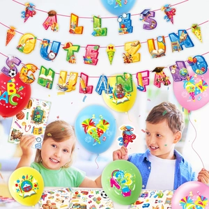 German school enrollment party set with Alles Gute Zum Schulanfang banner and balloons