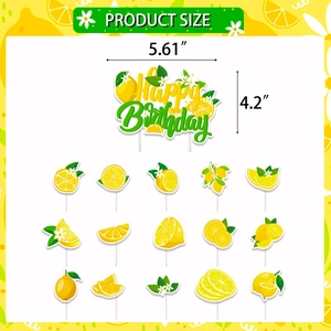 Lemon fruit birthday party cake topper set with Happy Birthday banner and fruit pick signs