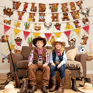 Detail of Wild West themed party banner decorations with Cowboy hats and cactus hangings