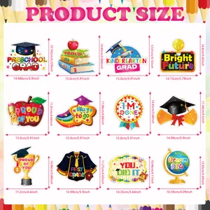 Size chart showing 12 kindergarten graduation party paper decorations with measurements