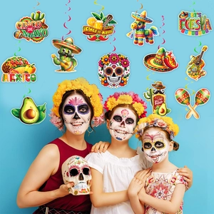 Vibrant Cinco de Mayo hanging swirls featuring taco, cactus, and skull party decorations