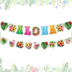 Detail of Aloha party banner with colorful letters, flamingos and tropical hibiscus flowers