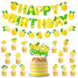 Lemon themed happy birthday party decoration set with banners and cupcake toppers