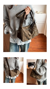 Gros plan d'un sac baguette en daim marron avec œillets métalliques et texture rétro