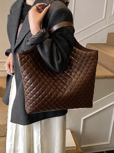Women Large Capacity Quilted Tote Bag PU Leather Shoulder Bag Fashion Lattice Pattern Office Commute Handbag For Ladies