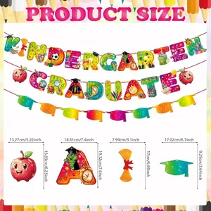 Kindergarten graduation banner set with colorful letters and academic icons size details