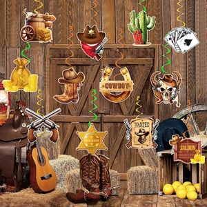 Detailed western cowboy party spiral decorations with cactus, sheriff star and hats