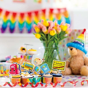 German School Enrollment Cake Toppers Set with School Bus and Stationery Designs
