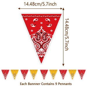 Red and yellow paisley cowboy party banner with 9 triangular pennants 5.7 inch each