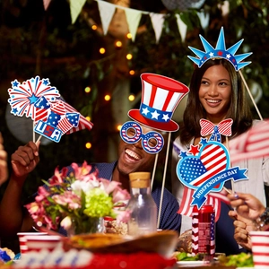 Independence Day party photo props set with Uncle Sam hat and USA star glasses