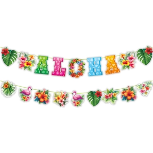 Hawaiian party banner set with ALOHA letters, flamingos and tropical hibiscus flowers