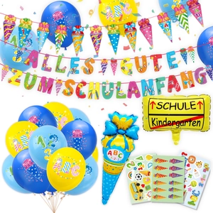 German Schulanfang party set with rainbow banner, latex balloons and foil decorations