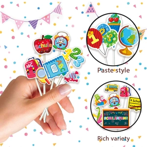 Colorful German school enrollment cake toppers featuring school bus and globe designs