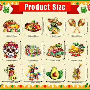 Size chart for 12 Mexican Fiesta party decorations including taco, cactus, and pinata tags