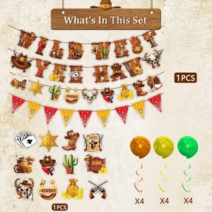 Western cowboy party decoration set with Wild West banners, swirls and sheriff badges