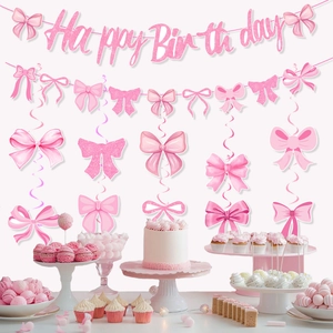 Pink bow birthday party decoration kit with Happy Birthday banner and spiral swirls