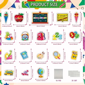Size chart for 18pcs school cake toppers showing dimensions for bus, abc and apple shapes