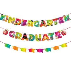Kindergarten graduation party banners set with colorful letters and academic caps