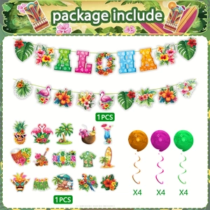 Hawaiian party decoration set with ALOHA banner and tropical flamingo pineapple hanging swirls