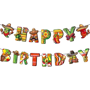 Close-up of vibrant Fiesta themed Happy Birthday banner with cactus and taco illustrations