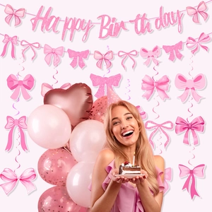 Pink birthday party decor set featuring glitter banners, bow ornaments, and rose gold balloons