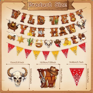 Wild West Cowboy birthday party banner set with dimensions and various themed decorations