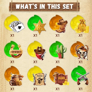 Western cowboy party decorations kit with hanging swirls and 12 unique themed card cutouts
