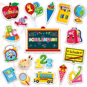 18pcs German Schulanfang Cake Toppers Back to School Party Decorations School Bus Apple Cake Picks For Kids School Celebration