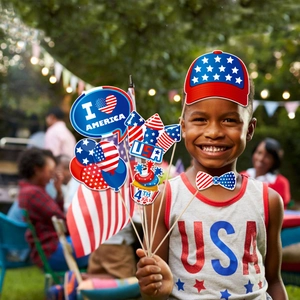 Smiling boy holding 4th of July Independence Day themed photo booth props in outdoor party