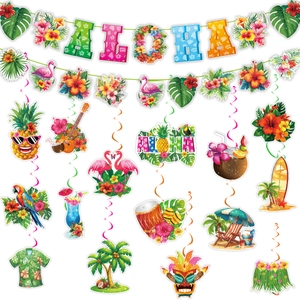 Hawaiian Aloha Party Decorations Banner Swirl Tropical Luau Party Flamingo Pineapple Hibiscus Flower Palm Leaves Hanging Garland For Summer Beach Celebration
