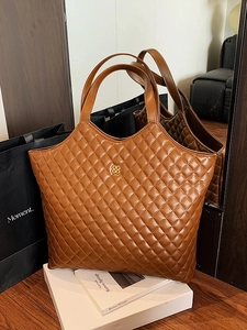 Brown quilted leather tote bag for women featuring a golden logo and large capacity