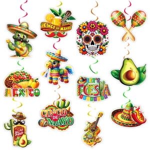 Colorful Mexican fiesta hanging swirls set featuring tacos and sugar skull designs
