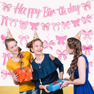 Pink bow birthday party decorations set with glitter banner and spiral hanging swirls