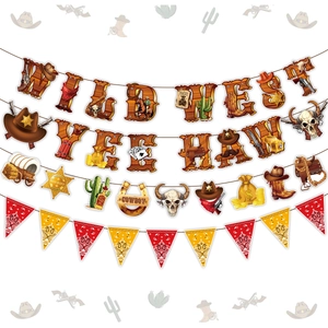 Wild West cowboy theme birthday party set with banners, hangings and bandana pennants
