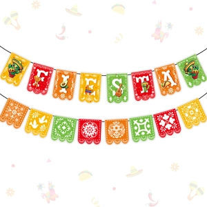Λεπτομέρεια banner Fiesta Cinco de Mayo με μεξικάνικα εικονίδια και πολύχρωμα σχέδια χαρτιού