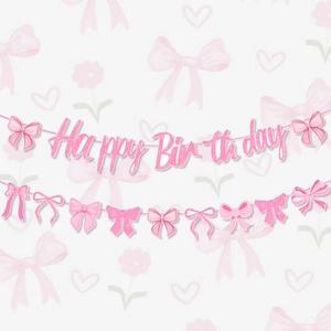 Pink glitter Happy Birthday banner set with decorative bow pendants for party decor