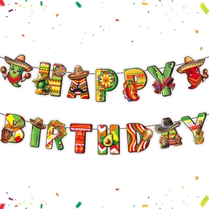 Detail of Happy Birthday banner with Mexican Fiesta elements like tacos and sombreros