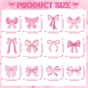 Detailed size chart for pink bow party banners showing 12 styles in cm and inches
