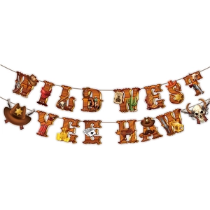 Close-up of Wild West party banner with cowboy hat, sheriff badge, and cactus icons