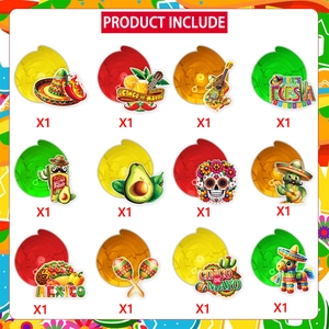 Detail showing 12 Cinco de Mayo party hanging swirls with taco and cactus card patterns