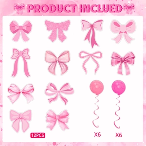 Detailed set of 12 pink bow themed hanging swirls and party decoration stickers