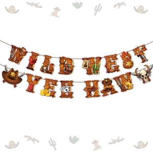 Detail of Wild West and Yee Haw party banners with rustic wood texture and cowboy icons
