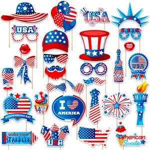 30-piece 4th of July photo booth props set with patriotic red white and blue party designs