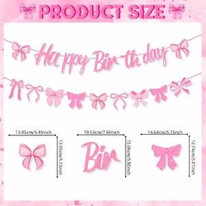 Pink Happy Birthday banner with bow decorations and specific product size measurements