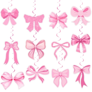 Pink Bow Birthday Party Hanging Swirl Decorations For Girls Paper Bowknot PVC Spiral Ceiling Hanging Ornament Party Supplies